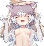  1girl :d ^_^ animal_ear_fluff animal_ears breasts breasts_apart closed_eyes collarbone dog_(mixed_breed)_(kemono_friends) dog_ears dress_shirt elbow_gloves eyebrows_visible_through_hair facing_viewer fang gloves grey_hair hand_on_another&#039;s_head hands_up kemono_friends medium_breasts multicolored_hair navel nyifu open_clothes open_mouth open_shirt shirt short_hair simple_background smile solo_focus teeth towel two-tone_hair upper_body water wet wet_clothes wet_hair white_background white_gloves white_shirt wing_collar wiping 