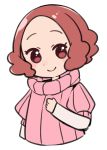  1girl brown_eyes brown_hair chibi closed_mouth do_m_kaeru hand_on_own_chest long_sleeves looking_at_viewer okumura_haru persona persona_5 pink_sweater ribbed_sweater short_hair short_over_long_sleeves short_sleeves simple_background sketch smile solo sweater upper_body white_background 