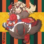  1:1 2019 anthro bottomwear brown_fur canid canine clothed clothing fur goemon_(tas) humanoid_hands japanese_text male mammal minimumtkg overweight overweight_male raccoon_dog shorts solo tanuki teeth text tokyo_afterschool_summoners tongue video_games 