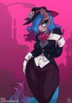  anthro atryl blue_eyes blue_hair blue_lips breasts clothed clothing equid equine eyeshadow female gloves hair hair_over_eye handwear hat headgear headwear hi_res horse lips makeup mammal portrait purple_hair solo standing three-quarter_portrait 