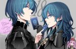  1boy 2girls armor bangs black_armor black_gloves blue_eyes blue_hair byleth_(fire_emblem) byleth_(fire_emblem)_(female) byleth_(fire_emblem)_(male) card fire_emblem fire_emblem:_three_houses fire_emblem_cipher gloves hair_between_eyes long_hair looking_at_viewer multiple_girls official_art parted_lips pink_hair red_headwear short_hair simple_background smile tagme toyo_sao 