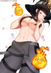  1girl ^_^ abs bangs black_hair blunt_bangs blush breasts closed_eyes en&#039;en_no_shouboutai fire floral_background happy hat large_breasts maki_oze navel pants patreon_username ponytail simple_background smile solo stomach tank_top tofuubear toned underboob white_background witch_hat 