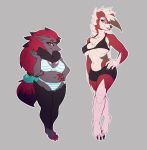  anthro bra breasts clothing duo female fur grey_background hair hi_res long_hair lycanroc neck_tuft nintendo panties pattern_clothing pattern_underwear pok&eacute;mon pok&eacute;mon_(species) pok&eacute;morph serpentine-drifter simple_background spats striped_clothing striped_panties striped_underwear stripes tuft underwear video_games wide_hips zoroark 