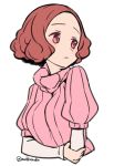  1girl breasts brown_eyes brown_hair closed_mouth do_m_kaeru flat_color long_sleeves looking_to_the_side medium_breasts okumura_haru persona persona_5 pink_sweater puffy_short_sleeves puffy_sleeves ribbed_sweater short_hair short_over_long_sleeves short_sleeves simple_background solo sweater turtleneck turtleneck_sweater twitter_username upper_body white_background 
