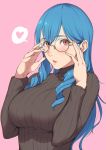  1girl adjusting_eyewear bangs black_sweater blue_hair breasts curly_hair eyebrows_visible_through_hair hands_up heart large_breasts long_hair long_sleeves open_mouth original red_eyes ribbed_sweater round_eyewear solo spoken_heart sugarbeat sweater turtleneck turtleneck_sweater upper_body 