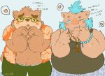  &lt;3 2019 anthro belly blue_background blush bottomwear brown_fur buta5kawa clothed clothing duo eyewear fur glasses gouryou hamuga86 hi_res humanoid_hands male mammal moobs navel one_eye_closed open_shirt overweight overweight_male shirt shorts simple_background suid suina sus_(pig) tokyo_afterschool_summoners topwear ursid video_games volos wild_boar wink 