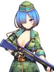  1girl arm_pouch bangs belt bikini bikini_under_clothes black_bikini black_gloves blue_hair camouflage camouflage_shirt camouflage_skirt edamame_senpai fingerless_gloves gloves gradient_hair gun hair_over_one_eye hat highres holding holding_gun holding_weapon looking_at_viewer military_hat multicolored_hair official_art parted_bangs purple_eyes rifle short_hair short_sleeves simple_background skirt smile solo swimsuit vivid_army weapon white_background 