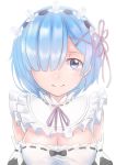  1girl absurdres bangs blue_eyes blue_hair breasts cleavage commentary_request detached_sleeves face frills hair_ornament hair_over_one_eye hair_ribbon highres jmao large_breasts looking_at_viewer maid re:zero_kara_hajimeru_isekai_seikatsu red_ribbon rem_(re:zero) ribbon short_hair smile solo x_hair_ornament 