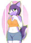  absurd_res anthro blush bottomwear breasts canid canine chest_tuft clothed clothing female fox fur green_eyes hair hi_res mammal midriff navel purple_fur purple_hair shorts solo tuft zigzagmag 