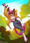  4_fingers anthro atryl barefoot beak belt better_version_at_source bottomwear breasts clothed clothing female fingers fur furby furby_(species) green_eyes half-closed_eyes hand_behind_head hi_res midriff open_mouth pants patreon pink_fur solo tongue tube_top url watermark 