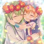  1boy 1other blonde_hair child_gilgamesh closed_eyes earrings enkidu_(fate/strange_fake) fate/grand_order fate/strange_fake fate_(series) flower gilgamesh gilgamesh_(caster)_(fate) green_hair hair_flower hair_ornament happy head_wreath highres hug jewelry long_hair open_mouth shoulder_tattoo tattoo turban upper_body veil vest xacco younger 