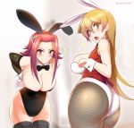  2girls absurdres animal_ears ass bangs bare_shoulders black_legwear black_leotard blonde_hair bow bowtie breasts bunny_ears bunny_girl bunny_tail bunnysuit cleavage closed_mouth detached_collar detached_sleeves fake_animal_ears fishnet_pantyhose fishnets forehead hair_between_eyes highleg highleg_leotard highres izayoi_aki lace lace-trimmed_legwear large_breasts leaning_forward leotard long_hair looking_back mattari_yufi multiple_girls open_mouth pantyhose parted_bangs red_eyes red_hair red_vest short_hair_with_long_locks smile strapless strapless_leotard tail tenjouin_asuka thighhighs thighs vest white_leotard wrist_cuffs yellow_eyes yuu-gi-ou yuu-gi-ou_5d&#039;s yuu-gi-ou_gx 