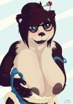  anthro big_breasts blizzard_entertainment blush breasts clothing eyewear female glasses hi_res huge_breasts mammal meisea nipples pandaren rohgen simple_background slightly_chubby smile solo ursid video_games warcraft 