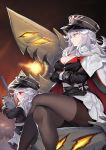  2girls azur_lane bangs black_gloves black_headwear black_jumpsuit black_legwear breast_hold breasts brown_gloves brown_legwear cape child cleavage closed_mouth crossed_arms crossed_legs eyebrows_visible_through_hair feet_out_of_frame from_side fur-trimmed_cape fur_trim gloves graf_zeppelin_(azur_lane) gun hair_between_eyes hat holding holding_gun holding_weapon iron_cross kaorihero large_breasts long_hair long_sleeves looking_away military military_hat military_uniform multiple_girls pantyhose peaked_cap pleated_skirt red_eyes serious silver_hair sitting skirt turret uniform very_long_hair weapon white_cape white_skirt zeppelin-chan_(azur_lane) 