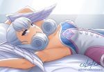  1girl armpits arms_up bangs bed_sheet blue_eyes breasts cslucaris curly_hair dress elbow_gloves feathered_wings from_side gloves head_wings looking_at_viewer looking_to_the_side lying medium_breasts melia multicolored multicolored_clothes multicolored_dress on_back on_bed parted_lips pillow seductive_smile signature smile solo strapless strapless_dress upper_body watermark web_address white_wings wings xenoblade_(series) xenoblade_1 