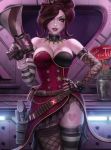  1girl borderlands breasts cleavage corset gun hand_on_hip handgun highres off_shoulder pistol weapon 