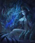  1girl artist_name black_swimsuit blue_eyes blue_theme breasts cave dragon headpiece horns large_breasts long_hair looking_at_viewer open_mouth original pafekui purple_eyes sitting soaking_feet steam swimsuit witch 