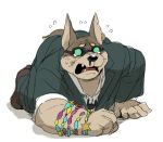  5_fingers blood bodily_fluids bottomwear brown_fur canid canine canis clothed clothing domestic_dog eyewear fingers footwear fur glasses humanoid_hands male mammal multicolored_fur necktie open_mouth shoes solo tobikara3 tokyo_afterschool_summoners topwear two_tone_fur video_games xolotl 