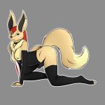  1:1 all_fours anthro breasts clothing corrine ear_piercing eevee fur gynomorph hair heterochromia hi_res intersex legwear nintendo nipples penis piercing pok&eacute;mon pok&eacute;mon_(species) solo thigh_highs toeless_legwear video_games zigzagmag 