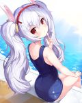  1girl 2drr animal_ears azur_lane bangs bare_arms bare_shoulders blush bunny_ears closed_mouth commentary_request eyebrows_visible_through_hair from_behind hair_between_eyes hair_ornament hairband hand_up highres index_finger_raised laffey_(azur_lane) long_hair looking_at_viewer looking_back old_school_swimsuit pool poolside red_eyes red_hairband school_swimsuit sidelocks silver_hair sitting soaking_feet solo swimsuit twintails very_long_hair water 