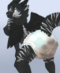  anthro areola big_breasts biped breasts crouching diaper digital_media_(artwork) eyebrows facial_piercing feathers feces female fur hair imply looking_back mammal messy_diaper nan_(nanexis) nipples nose_piercing nose_ring piercing raised_tail rear_view scat simple_background soiling striped_fur stripes unknown_species wings 