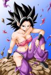  1girl arm_support black_eyes black_hair black_panties blue_background breasts caulifla cleavage clothes_lift collarbone commentary_request covered_nipples dirty dirty_clothes dirty_face dragon_ball dragon_ball_super expressionless eyelashes fingernails floating_rock folded_leg foot_out_of_frame gradient gradient_background highres large_breasts looking_at_viewer midriff navel panties pants pink_tubetop purple_pants rock simple_background sitting sitting_on_rock solo spiked_hair strapless torn_clothes torn_legwear torn_pants tubetop underwear white_background wind wind_lift wristband youngjijii 