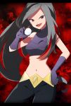  1girl azami_(pokemon) bad_id bad_pixiv_id bare_shoulders black_pants breasts cowboy_shot crop_top fang gloves grey_hair hand_on_hip hand_up happy highres holding holding_poke_ball letterboxed long_hair looking_at_viewer medium_breasts midriff navel open_mouth pants poke_ball poke_ball_(generic) pokemon pokemon_(game) pokemon_emerald pokemon_rse purple_gloves purple_shirt red_background red_eyes shiny shiny_hair shirt sleeveless sleeveless_shirt smile solo standing very_long_hair yuihiko 