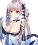  1girl azur_lane bangs bare_shoulders between_breasts black_dress blush breasts cleavage dress earrings eyebrows_visible_through_hair formidable_(azur_lane) frilled_dress frills grey_hair hair_ribbon hand_in_hair highres jewelry large_breasts long_hair long_sleeves looking_at_viewer red_eyes ribbon skirt_hold solo twintails two-tone_dress very_long_hair yuteke_key 
