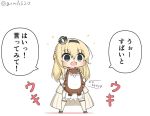  1girl :3 bangs blonde_hair blue_eyes blush bokukawauso braid chibi commentary_request crown dress eyebrows_visible_through_hair eyes_visible_through_hair french_braid goma_(yoku_yatta_hou_jane) holding holding_stuffed_animal kantai_collection long_hair long_sleeves looking_at_viewer mini_crown off-shoulder_dress off_shoulder open_mouth otter simple_background smile solo speech_bubble stuffed_animal stuffed_otter stuffed_toy thighhighs translation_request twitter_username warspite_(kantai_collection) white_background white_dress 