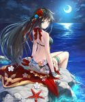  1girl aqua_eyes ass back bangle bangs bare_shoulders beach bikini black_hair black_sky bracelet breasts butt_crack cloud collarbone floating_hair flower full_moon hair_flower hair_ornament jewelry kagachi_saku long_hair looking_at_viewer looking_back medium_breasts moon night ocean official_art outdoors sand solo swimsuit thighlet thighs white_bikini 