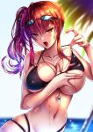  1girl ahoge akeyama_kitsune azur_lane bangs bikini bikini_pull black_bikini blush breasts collarbone commentary_request eyebrows_visible_through_hair goggles goggles_on_head hair_between_eyes hair_ornament head_tilt large_breasts long_hair looking_at_viewer navel o-ring o-ring_bikini open_mouth orange_eyes pulled_by_self red_hair saliva saliva_trail side_ponytail sidelocks solo swimsuit tongue tongue_out whistle whistle_around_neck white_background wide_hips zara_(azur_lane) zara_(poolside_coincidence)_(azur_lane) 