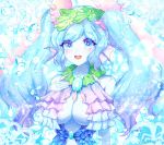  1girl air_bubble artist_name blue_background blue_eyes blue_hair blue_skin blush breasts bubble cleavage flower hair_flower hair_ornament hand_up head_fins highres jewelry long_hair looking_at_viewer medium_breasts necklace open_mouth original pafekui seashell shell solo twintails underwater upper_body 