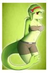  2015 absurd_res anthro bottomwear breasts cleavage clothed clothing female hair hi_res navel nintendo pok&eacute;mon pok&eacute;mon_(species) shorts snivy solo video_games zigzagmag 