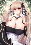  1girl azur_lane bangs bare_shoulders between_breasts black_dress breasts cleavage closed_mouth collarbone commentary_request dress dress_lift earrings eyebrows_visible_through_hair formidable_(azur_lane) frilled_dress frills grey_hair hair_ribbon hand_up highres huge_breasts ibara_azuki jewelry lifted_by_self long_hair long_sleeves looking_at_viewer red_eyes ribbon signature solo standing twintails two-tone_dress two-tone_ribbon very_long_hair 