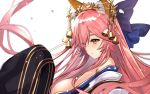  1girl animal_ear_fluff animal_ears bell blush breasts cherry_blossoms fate/grand_order fate_(series) fox_ears from_side hair_bell hair_ornament long_hair off_shoulder open_mouth petals pink_hair purple_ribbon ribbon sideboob solo tamamo_(fate)_(all) tamamo_no_mae_(fate) untsue very_long_hair white_background yellow_eyes 