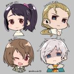  2boys 2girls ;d akechi_gorou bangs black_hair blonde_hair blue_eyes brown_eyes brown_hair character_name character_request chibi closed_mouth copyright_name cropped_shoulders do_m_kaeru eyebrows_visible_through_hair face grey_background grey_hair low_ponytail megido72 metal_gear_(series) metal_gear_solid_3 multiple_boys multiple_girls one_eye_closed open_mouth persona persona_5 ponytail serious shaded_face simple_background smile suzui_shiho the_boss twitter_username 