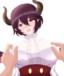  1girl blush breasts brown_hair covered_nipples dragon_girl dragon_horns dragon_wings eyebrows_visible_through_hair grea_(shingeki_no_bahamut) highres horns large_breasts looking_at_viewer looking_down manaria_friends nipple_tweak open_mouth shingeki_no_bahamut shiny shiny_hair short_hair simple_background user_tmau2248 white_background wings 