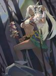  1girl absurdres artist_name bow_(weapon) braid breasts commentary_request dark_skin earrings from_side fur_trim hair_over_one_eye highres holding holding_weapon jewelry langrisser large_breasts long_hair navel outdoors pointy_ears shopp smile solo standing tagme tree weapon white_hair 