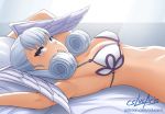  1girl armpits arms_up bangs bed_sheet bikini blue_eyes breasts cslucaris curly_hair elbow_gloves feathered_wings from_side gloves head_wings looking_at_viewer looking_to_the_side lying medium_breasts melia navel on_back on_bed parted_lips pillow seductive_smile signature smile solo swimsuit upper_body watermark web_address white_bikini white_wings wings xenoblade_(series) xenoblade_1 