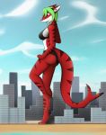  2016 anthro barefoot bikini breasts butt city clothed clothing ear_piercing female fish green_hair hair hi_res macro marine open_mouth piercing red_body red_eyes shark solo swimwear zigzagmag 