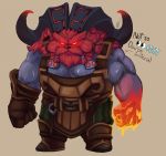  2018 anthro black_nose bodily_fluids bottomwear bovid caprine clothing english_text horn humanoid_hands league_of_legends male mammal ornn_(lol) pants pecs riot_games simple_background solo sweat text uku_juku video_games 