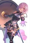  1girl :d arm_guards armored_leotard bare_shoulders black_legwear black_leotard commentary_request dutch_angle elbow_gloves eyebrows_visible_through_hair fate/grand_order fate_(series) feet_out_of_frame gloves hair_over_one_eye highres holding_shield hopepe impossible_clothes impossible_leotard leotard mash_kyrielight o-ring open_mouth outstretched_arm outstretched_hand pink_gloves pink_hair pov purple_eyes sheath sheathed shield short_hair simple_background smile solo standing sword thigh_strap thighhighs vambraces weapon white_background 