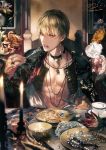  1boy abs alternate_costume black_jacket black_neckwear blonde_hair bowl candle choker cup earrings fate/stay_night fate_(series) flower fork gilgamesh highres hoop_earrings indoors jacket jewelry knife male_focus muscle necklace open_clothes open_mouth open_shirt plate red_eyes ring sakura_hitsuji shirt solo table upper_body vest white_shirt 