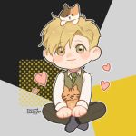  1boy :3 alphonse_elric animal animal_on_head animal_on_lap black_background blonde_hair blush blush_stickers brown_pants cat cat_on_head cat_on_lap chibi dress_shirt eyebrows_visible_through_hair fqdyy full_body fullmetal_alchemist green_neckwear grey_background grey_footwear hair_over_one_eye hands_on_lap happy heart indian_style long_sleeves male_focus multicolored multicolored_background necktie on_head pants polka_dot polka_dot_background shirt signature sitting smile waistcoat yellow_background yellow_eyes 