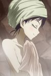  1girl black_hair closed_eyes closed_mouth collarbone gegege_no_kitarou haruyama_kazunori nekomusume nekomusume_(gegege_no_kitarou_6) nude pointy_ears short_hair smile solo steam towel 