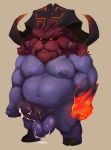  2019 anthro balls belly black_nose bodily_fluids bovid caprine cum cum_on_penis erection genital_fluids hi_res humanoid_hands humanoid_penis league_of_legends male mammal moobs navel nipples ornn_(lol) overweight overweight_male penis riot_games simple_background solo sweat uku_juku video_games 