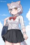  1girl alternate_costume animal_ears bag blue_eyes bow bowtie cloud collared_shirt cowboy_shot dog_(mixed_breed)_(kemono_friends) dog_ears dog_girl dog_tail eyebrows_visible_through_hair from_below grey_hair grey_skirt heterochromia japari_symbol kemono_friends long_sleeves multicolored_hair nyifu pleated_skirt red_neckwear school_bag school_uniform shirt short_hair skirt sky sleeves_rolled_up solo tail two-tone_hair white_hair white_shirt wristband yellow_eyes 