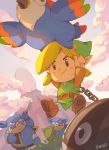  1boy belt bird blonde_hair brown_belt brown_footwear chain chicken cloud commentary_request egg green_shirt highres holding holding_shield holding_spear holding_weapon link moblin mountain outdoors polearm shield shirt shoes shopp smile spear tagme the_legend_of_zelda the_legend_of_zelda:_link&#039;s_awakening weapon 