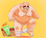  2019 anthro balls belly blush bottomwear clothing eyewear flaccid glasses humanoid_hands male mammal moobs navel nipples overweight overweight_male panman11293 pants penis simple_background solo tokyo_afterschool_summoners underwear undressing ursid video_games volos yellow_background 