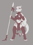  armwear breasts bridal_gauntlets clothing female grey_background hi_res kobold legwear leska loincloth melee_weapon navel non-mammal_breasts polearm sack scalie serpentine-drifter simple_background solo spear stockings weapon 